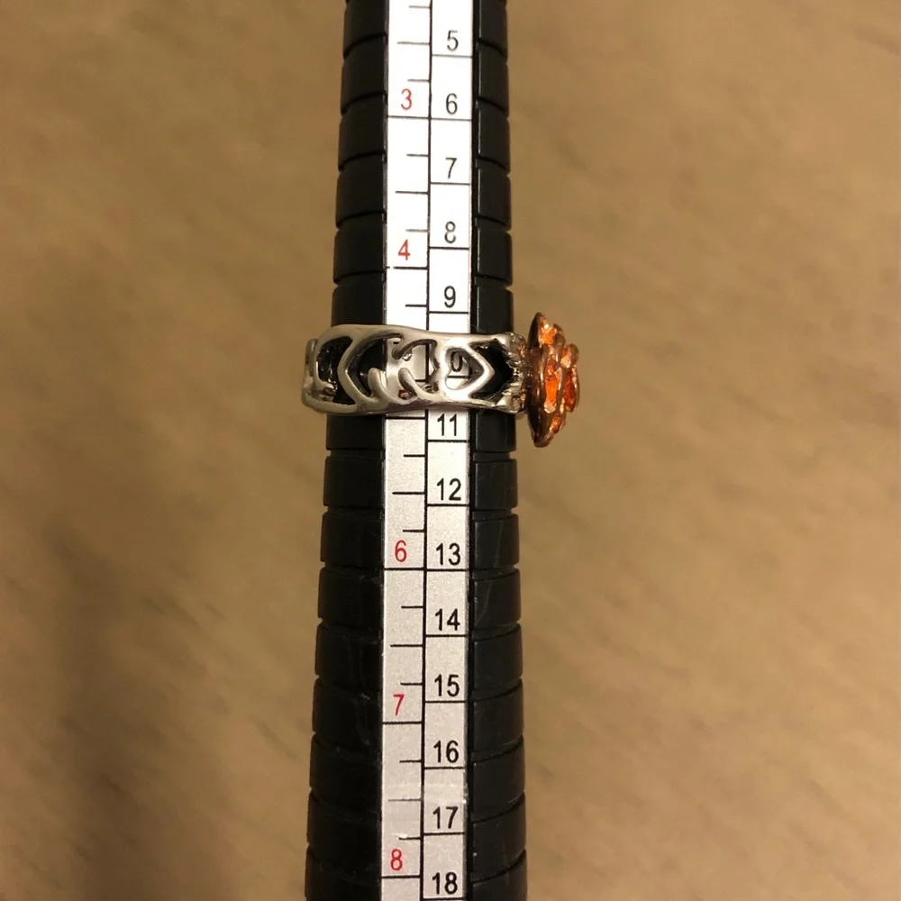 Vintage Silver Tone and Red-Orange Rose Ring